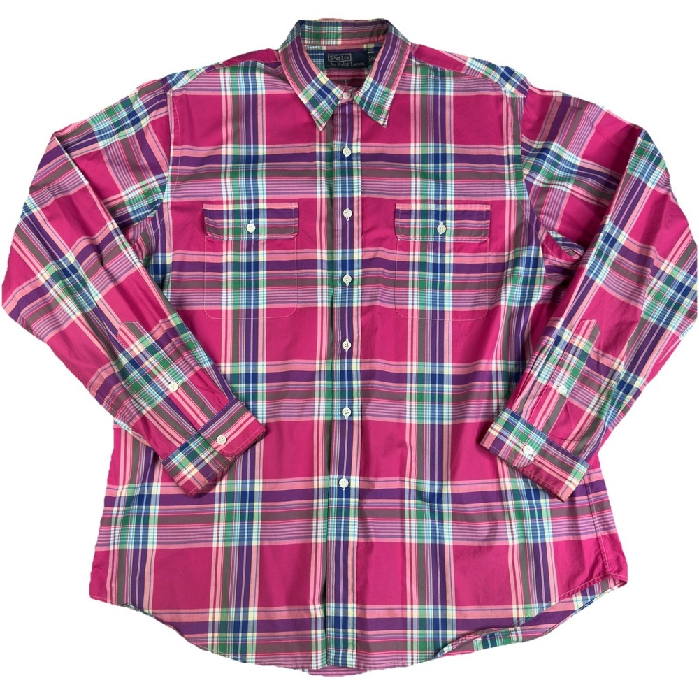 Polo Ralph Lauren Mens Button Up Plaid‎ Long Sleeve Shirt Pink Madras Size XL